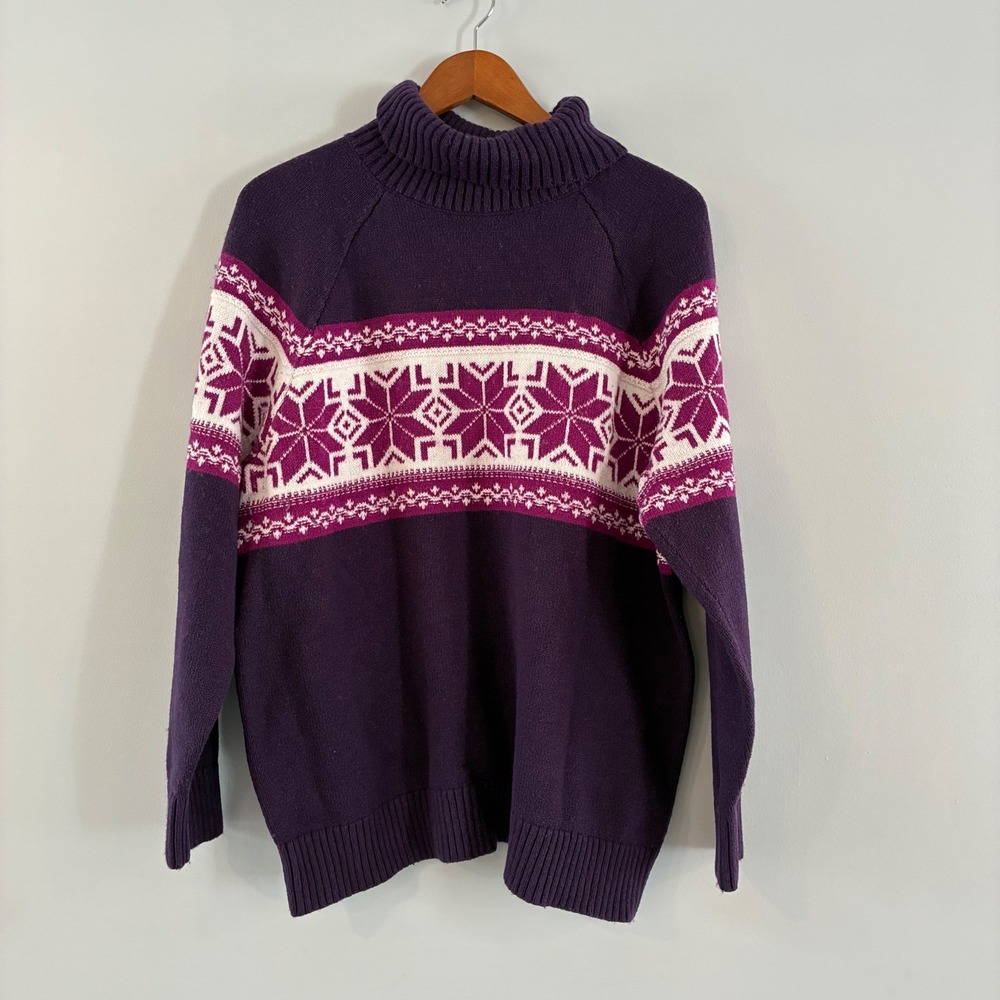 Lands' End Sweater Womens 1X Purple Fair Isle Snowflake Turtleneck Cotton Blend